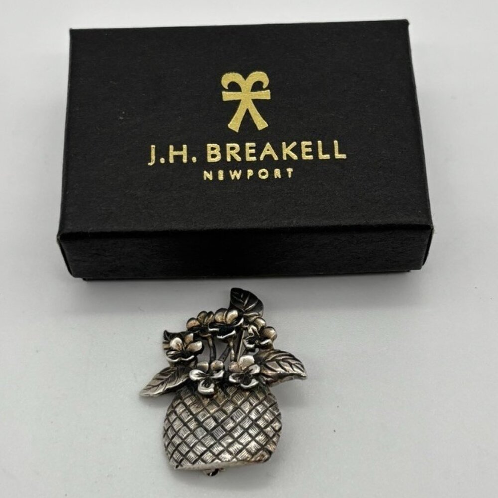 Sterling Silver Basket of Flowers Pin, James.H. Breakell, Newport, R.I., Signed - Picture 11 of 11